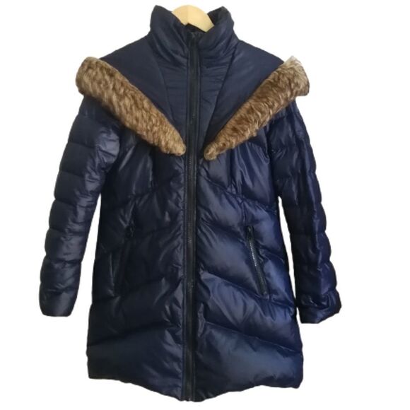 KENSIE Dark Blue Down Large Faux Fur Hooded Puffer Winter Coat Size Medium - Picture 1 of 15